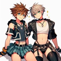 ai_generated bing_image_creator crossdressing femboy kingdom_hearts miniskirt riku skirt sora sora_(kingdom_hearts) thigh_highs