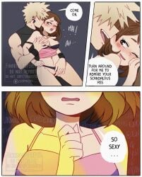 1boy 1girls bakugou_katsuki blush breast_grab breasts breasts_out comic concert english_text female fingering fingering_partner fingering_pussy grope hand_on_breast katsuki_bakugou male male/female moaning my_hero_academia nipples ochako_uraraka open_mouth panties_aside pink_nipples sleeveless speech_bubble spiky_hair straight superevey text uraraka_ochako