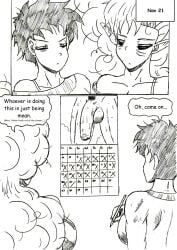 2girls bed_hair black_and_white calendar_(object) calendar_pinup dragon_ball dragon_ball_super dragon_ball_z flaccid_penis race_of_hera thewritefiction tired_expression tired_eyes videl zangya
