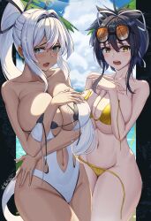 2023 2girls absurdres asuka_(blue_oceans)_(senran_kagura) asuka_(senran_kagura) azur_lane bare_arms bare_shoulders bikini black_hair blue_eyes breasts cleavage commentary_request cowboy_shot grayfoxpochi hair_intakes highres huge_breasts long_hair looking_at_viewer marvelous multiple_girls navel one-piece_swimsuit open_mouth senran_kagura standing stomach swimsuit thighs underboob white_hair white_one-piece_swimsuit yellow_bikini yuyaki_(blue_sky_lagoon)_(senran_kagura) yuyaki_(senran_kagura)