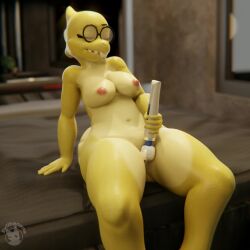 1:1 3d_(artwork) alphys animated anthro bed bounce breasts clipping digital_media_(artwork) evilbanana eyewear female furniture glasses hi_res high_framerate hitachi_magic_wand jiggling lizard masturbation nipples no_sound non-mammal_breasts non-mammal_nipples reptile scalie sex_toy short_playtime solo tagme toying_self undertale undertale_(series) vibrating vibrator video video wand wand_vibrator