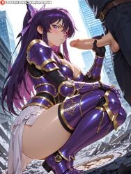 1boy 1girls ai_generated annoyed armor blush date_a_live gauntlets greaves handjob highres large_breasts looking_at_viewer malth penis ponytail purple_eyes purple_hair skirt squatting thick_thighs thigh_high_boots yatogami_tohka