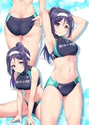 1girls armpits ass back bad_id bad_twitter_id bare_shoulders blue_hair breasts buruma cowboy_shot female_focus grin headband hi_res kanabun long_hair looking_at_viewer love_live! love_live!_sunshine!! matsuura_kanan medium_breasts midriff multiple_views navel ponytail purple_eyes sitting smile solo sports_bikini standing stretching thighs translated wariza white_headband