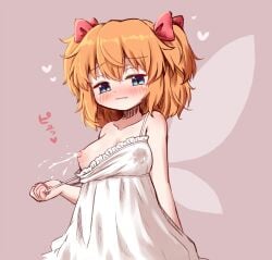 arinu blue_eyes blush breast_milk breasts breasts_out brown_hair dress fairy_wings highres lactation light_skin simple_background sunny_milk touhou