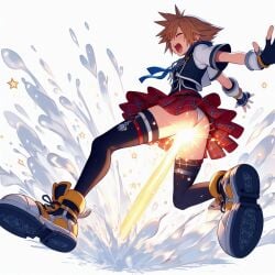 ai_generated bing_image_creator crossdressing femboy kingdom_hearts laser_beam laser_piss magic miniskirt skirt sora sora_(kingdom_hearts) thigh_highs what