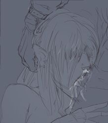 bloodborne cum cum_in_mouth cum_inside cum_out_nose deepthroat eldritch faceless_male fellatio female_focus fromsoftware hands_on_head head_grab long_hair monochrome monster_girl pointy_ears sketch snail_woman_(bloodborne) tinyfaceart