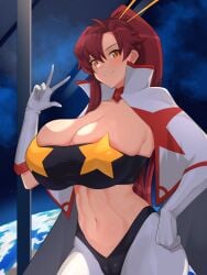 bandeau breasts cape cleavage female gloves hair_ornament highres huge_breasts lancer24 long_hair midriff navel pants pasties ponytail red_hair revealing_clothes skin_tight solo space_yoko star_(symbol) star_pasties strapless tengen_toppa_gurren_lagann tube_top yoko_littner