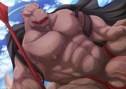 abs anthro balls bodily_fluids bon_donuts genitals hi_res lizard male male_only melee_weapon muscular muscular_anthro muscular_male nipples pecs penis polearm rak_wraithraiser reptile scalie solo spear sweat tower_of_god vein veiny_penis weapon wraithraiser