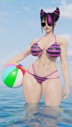 1girls 3d asian asian_female ass aviator_sunglasses beach beach_ball big_ass big_breasts bikini black_hair breasts capcom drill_hair female goth juri_han korean muscles nipple_bulge smile solo solo_female street_fighter street_fighter_6 striped_bikini sunglasses swimsuit the_unhindered_fool thick_thighs tinted_eyewear water