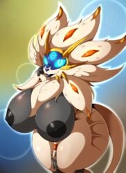 2020 anthro areola big_breasts blue_nose breasts curvy_figure digital_media_(artwork) female fingers furry game_freak hi_res huge_breasts legendary_pokemon looking_at_viewer nintendo nipples pokemon pokemon_(species) smile solgaleo solo suirano thick_thighs video_games