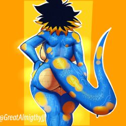 anthro ass black_hair blue_body blue_scales bodily_fluids breasts female greatalmightyjj hair hand_on_hip hi_res highlights_(coloring) lizard nude orange_background orange_highlights reptile scales scalie side_boob simple_background solo sweat voluptuous_female