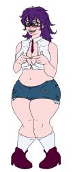 1girls 2d 2d_(artwork) 2d_artwork belly big_breasts chubby chubby_belly chubby_female cleavage curvy glasses green_eyes lewd_kingdom nervous_smile pervert purple_hair shirt shorts shy socks thick_thighs tight_clothing tight_shorts