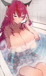 :o bath bathing bathroom bathtub calling cellphone closed_eyes hololive hololive_english hololive_english_-promise- huge_breasts irys irys_(hololive) naked_towel partially_submerged phone phone_call tile_wall virtual_youtuber