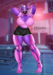 1girls ashestartarot big_breasts breasts bungie destiny_(game) destiny_2 dolphin_shorts exo female female_only fit_female glowing_eyes large_breasts looking_at_viewer nipple_bulge nipples nipples_visible_through_clothing purple_body purple_eyes purple_skin robot robot_girl shorts solo solo_female thick thick_thighs thighs