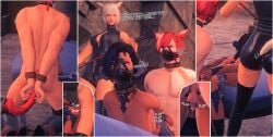 1boy 2girls au_ra bi_domination bondage cat_ears collar crossdressing cum cum_in_pussy doggy_style dominatrix final_fantasy final_fantasy_xiv forced forced_partners g'raha_tia gag handcuffs hands_behind_back harness_gag kisa_kha miqo'te muzzle_(object) muzzle_gag muzzled penis riding_crop thighhighs xaela y'shtola