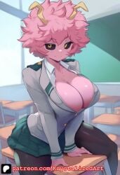 ai_generated arms_at_sides black_sclera blush chair classroom cleavage desk fully_clothed hands_on_desk horns jacket jacket_open krystalizedart large_breasts legs_apart legs_held_open makeup mina_ashido my_hero_academia nails narrow_waist perky_breasts pink_hair pink_skin pushing_breasts_together school_uniform schoolgirl shiny_skin sitting skirt smirk solo solo_female solo_focus squeezing_breast squeezing_breasts thick_thighs thin_waist unbuttoned unbuttoned_shirt upper_body wide_hips yellow_eyes yellow_horns