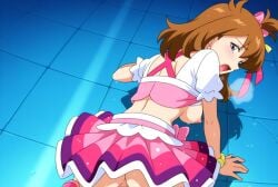 ai_generated ass blouse bows breasts brown_hair buttocks doggy_style excited green_eyes haruka_(pokemon) idol may_(pokemon) may_(pokemon_oras) neckline neon_lights nightclub nipples penetration pokemon pokemon_oras sex sexy sexy_body sexy_cleavage sexy_pose sexy_smile skirt things vaginal_penetration