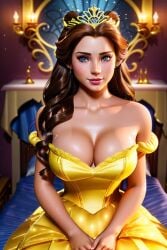 1girls ai_generated beauty_and_the_beast belle blue_eyes breast_freckles brown_hair cleavage curvy_female disney disney_princess earring facing_viewer freckles freckles_on_breasts freckles_on_face large_breasts long_hair mwarde77777 no_bra pink_lips solo tagme yellow_dress