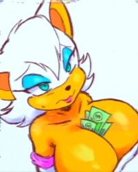 1girls alternate_breast_size anthro big_breasts big_cleavage blue_eyes breasts cleavage female female_only furry huge_breasts lipstick long_eyelashes money money_between_breasts money_in_cleavage nervous pink_lipstick prostitution retro-kay retro_artstyle rouge_the_bat sega sonic_(series) sonic_the_hedgehog_(series) vhs_filter voluptuous voluptuous_female white_background white_fur