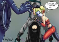 1boy 2girls ass athletic athletic_female bare_midriff batman batman:_arkham_city batman_(series) big_breasts blonde_hair blue_eyes bodysuit bracelet breasts bubble_butt busty catwoman cleavage corset dc dc_comics female female_domination female_focus female_only harley_quinn harley_quinn_(arkham) harley_quinn_(arkham_city) hourglass_figure lipstick long_hair makeup pants penis penis_out purpleeyebags quinn_year_(purpleeyebags) speech_bubble tagme tank_top twintails wide_hips