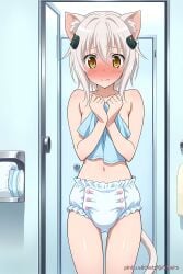 ai_generated bathroom blush blush blush_lines breasts breasts cat_ears cat_tail catgirl covered_nipples covering_breasts diaper diaper_only embarrassed embarrassed_nude_female high_school_dxd koneko_toujou lv99slime naked naked_female neko nekomata nipples nude nude_female small_breasts white_hair