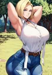 1girls ai_generated android android_18 big_breasts blonde_hair blue_eyes cleavage dragon_ball dragon_ball_super dragon_ball_z female huge_breasts large_breasts oatmealdood short_hair stable_diffusion standing voluptuous