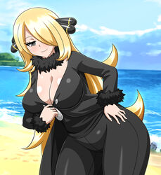 1girls beach big_breasts blonde_hair cynthia_(pokemon) female fully_clothed grey_eyes hair_ornament half-closed_eyes huge_breasts huge_thighs human justsayyen large_breasts long_hair nintendo pale-skinned_female pale_skin pokemon pokemon_dppt solo thick_thighs voluptuous wide_hips yensh