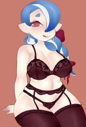 1girls blue_hair bow bow_in_hair cephalopod cephalopod_humanoid earings female female_only humanoid light-skinned_female lingerie no_visible_genitalia red_eyes shiver_(splatoon) shiver_hohojiro solo splatoon splatoon_(series) splatoon_3 tentacle_hair thick_thighs tongue tongue_out vespbee