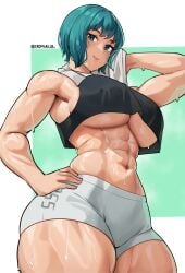 1girls abs after_exercise aqua_eyes aqua_hair athletic booty_shorts breasts cromwellb female female_focus female_only hi_res huge_breasts large_breasts light-skinned_female light_skin low-angle_view muscular muscular_female muscular_thighs nipples no_bra sei_asagiri short_hair short_shorts shorts solo solo_female solo_focus sports_bra sportswear sweat sweaty_body sweaty_breasts sweaty_thighs thick-thighs thick_thighs underboob va-11_hall-a wide_hips