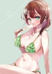 1girls bikini bikini_top blush breasts cleavage eating emma_verde flower flower_in_hair green_bikini hair_ornament holding_object looking_at_viewer love_live! love_live!_nijigasaki_high_school_idol_club navel open_mouth popsicle popsicle_melting sitting smile suggestive_fluid takenokodomo2