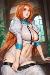 bleach bleach:_the_thousand-year_blood_war boob_window breasts cleavage cleavage_cutout cleavage_window day female grey_eyes highres indoors inoue_orihime keyhole large_breasts lips long_hair long_sleeves looking_at_viewer mirror navel neoartcore orange_hair paid_reward_available panties pants solo standing underwear undressing white_panties window