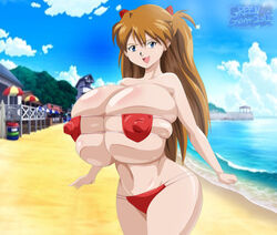 1girls 2020 alternate_breast_size asuka_langley_sohryu beach bikini blue_hair bursting_breasts color detailed_background erect_nipples erect_nipples_under_clothes eyepatch_bikini female female_focus female_only gigantic_breasts greengiant2012 huge_breasts hyper hyper_breasts large_breasts looking_at_viewer lowres micro_bikini neon_genesis_evangelion orange_hair smile solo swimsuit thin_waist water