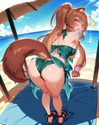 ai_generated animal_ears beach bikini brown_hair day flower fluffy_tail heart-shaped_pupils huge_ass long_hair open_mouth pink_eyes ponytail raphtalia saliva sarong sideboob silvesta stable_diffusion surprised sweat tail tate_no_yuusha_no_nariagari thick_thighs thighs