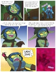 1boy1girl blue_hair cloak comic comic_page dialogue goblin goblin_female noxshade onomatopoeia original_character robbin_hobbs tagme text