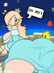 1girls ass ass_focus ass_in_dress big_ass big_breasts bimbo blue_eyes bubble_ass bubble_butt butt_focus earrings female fully_clothed huge_breasts huge_thighs luma mario_(series) nintendo pale-skinned_female pale_skin princess_rosalina seductive sexually_suggestive silenttandem speech_bubble super_mario_galaxy text thick_thighs wide_hips