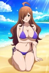 1girls ahoge ai_generated amber_eyes arm_under_breasts beach big_breasts bikini breasts brown_hair clouds day daytime dokidoki_ninja facing_viewer female kneeling kneeling_on_ground kono_subarashii_sekai_ni_shukufuku_wo! light-skinned light-skinned_female long_hair looking_at_viewer navel open_mouth sea sky smile smiling smiling_at_viewer solo solo_female tagme wiz_(konosuba)