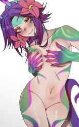 1girls 2024 blush covering covering_breasts flower flower_in_hair hi_res league_of_legends light-skinned_female light_skin moumring naked naked_female navel neeko nude nude_female riot_games simple_background smile solo standing