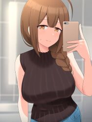 absurdres ahoge bare_shoulders blush braid braided_ponytail breasts brown_eyes brown_hair cellphone female hair_over_shoulder highres idolmaster idolmaster_shiny_colors kuwayama_chiyuki large_breasts long_braid long_hair looking_at_viewer phone selfie single_braid smartphone smile solo tomato_rice