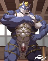 1boy abs anthro balls biceps blonde_hair blue_body blue_fur bondage bound canid canine canis collar fenrir_(tokyo_afterschool_summoners) flaccid fur genitals hair hi_res lifewonders male male_only mammal muscular muscular_anthro muscular_legs muscular_male nude pecs penis reclamon restraints rope rope_bondage rope_harness solo tokyo_afterschool_summoners wolf