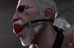 1boy 3d ball_gag bondage cd_projekt_red close-up gagged geralt_of_rivia good_boy male male_focus male_only male_pov obbi_mation solo solo_male submissive submissive_male the_witcher_(series) white_hair yellow_eyes