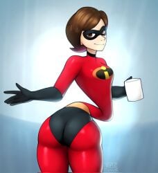 1girls ass big_ass black_mask bodysuit brown_eyes brown_eyes_female brown_hair brown_hair_female butt_crack_outline clothed clothed_female coffee_mug elastic elastic_body elastic_girl elastic_torso elasticity elastigirl elongation eyemask female female_only helen_parr latex latex_clothing latex_suit long_body long_torso looking_at_viewer milf pixar pixar_mom solo stretching stretchy stretchy_body stretchy_torso superpowers tagme the_incredibles triplestabber