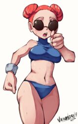 1girls 2019 alternate_version_available big_breasts blue_eyes brown-tinted_eyewear clothed exercise female fit fit_female game_freak human looking_at_viewer namenloose nintendo npc_trainer panties pokemon pokemon_rse red_hair running shadow short_hair solo sports_bra sunglasses sweat sweating tinted_eyewear trainer triathlete triathlete_(pokemon) triathlete_(pokemon_rse) twin_buns voluptuous white_background white_skin wide_hips wristband