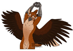 animal_genitalia anthro avian balls beak brown_body brown_fur digital_media_(artwork) fur genitals gryphon horn male_only mythological_avian mythology nude serandite sheath tan_body tan_fur temrin wings