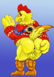 animal_crossing anthro anus avian balls beak bird chicken clothing egbert_(animal_crossing) feathers galliform gallus_(genus) genitals hi_res hopelesshighschool looking_back male male_only nintendo phasianid presenting presenting_anus solo spreading standing sweater topwear video_games yellow_body yellow_feathers