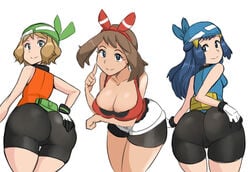 2020 2020s 3girls alternate_breast_size anime ass bag belt big_ass big_breasts bike_shorts black_shorts blue_bandana blue_eyes blue_hair bow breast_size_difference brown_hair bubble_butt butt_crack cleavage compression_shorts cosplay dawn_(pokemon) eye_contact female female_only finger_on_cheek green_bandana hand_on_ass huge_ass human large_breasts long_hair looking_at_viewer looking_back manga may_(pokemon) may_(pokemon)_(cosplay) may_(pokemon_emerald)_(cosplay) may_(pokemon_oras) moderate_tomboys nintendo pale-skinned_female pale_skin pokemon pokemon_adventures pokemon_dppt pokemon_oras pokemon_rse pokemon_xy reach025 red_bandana sapphire_birch_(pokemon)_(cosplay) serena_(pokemon) short_hair shorts small_breasts thick_ass thick_thighs thighs tight_shorts tomboy video_game_franchise white_background