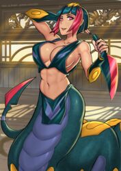 1girls armband assassin black_hair black_scales breasts clothed coils crown dagger dark_skin dojo game_freak gijinka head_piece humanoid lamia monster_girl multicolored_hair multicolored_tail naga ninja nintendo pokemon pokemon_(species) red_eyes red_hair redjet serpent serpentine seviper short_hair sideboob snake snake_girl solo tail video_games weapon yellow_scales