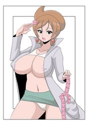 1girls areola_slip aurea_juniper breasts brown_hair cleavage condom curvy earrings female green_eyes green_miniskirt green_skirt human jewelry koutarosu labcoat large_breasts long_hair midriff miniskirt nintendo pokemon pokemon_bw pokemon_professor red_earrings short_skirt skirt smile thighs updo upskirt white_background