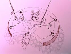 anthro anus ball_gag bondage bondage bound breasts canid canine chains clitoris disney dungeon evilpaw_(artist) feathers female fox gag genitals maid_marian mammal nipples pussy robin_hood_(disney) solo tickle_torture tickling torture traditional_media_(artwork)