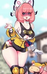 1girls ambiguous_gender big_penis blush female galarian_slowpoke hair_ribbon huge_breasts human kenron_toqueen klara_(pokemon) nintendo panties pink_hair pokemon pokemon_ss pokemon_ss_isle_of_armor purple_hair solo thighs torn_clothes wide_hips