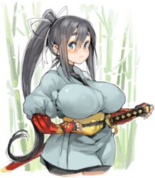 big_breasts blue_eyes blush curvy dark_hair hair_ribbon huge_breasts kimono kunoichi mole_under_eye pale-skinned_female pale_skin ponytail sachito samurai sword